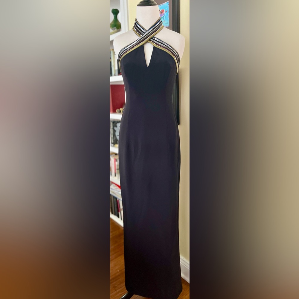ESCADA Dress Column Gown Black Sequin Stripe Trim Twist Halter Neck SZ 34/4